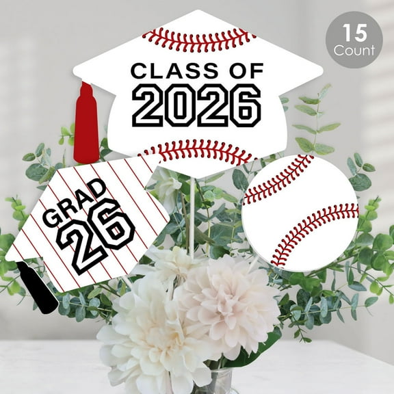 Big Dot of Happiness Grad Baseball - 2026 Graduation Party Centerpiece Sticks - Table Toppers - Set of 15