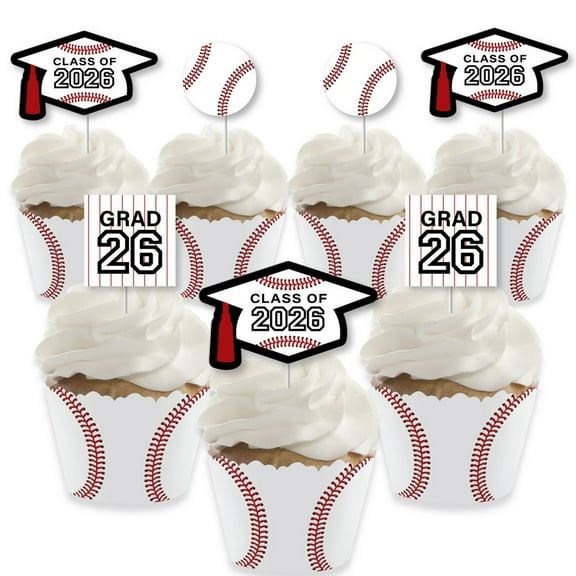 Big Dot of Happiness Grad Baseball - Cupcake Decoration - 2026 Graduation Party Cupcake Wrappers and Treat Picks Kit - Set of 24