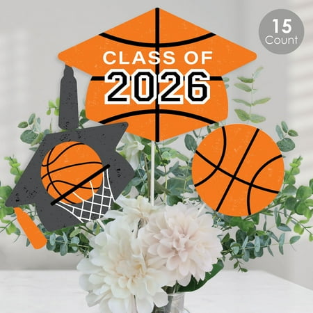 Big Dot of Happiness Grad Basketball - 2026 Graduation Party Centerpiece Sticks - Table Toppers - Set of 15