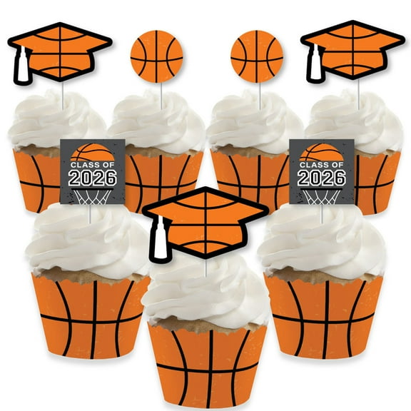 Big Dot of Happiness Grad Basketball - Cupcake Decoration - 2026 Graduation Party Cupcake Wrappers and Treat Picks Kit - Set of 24