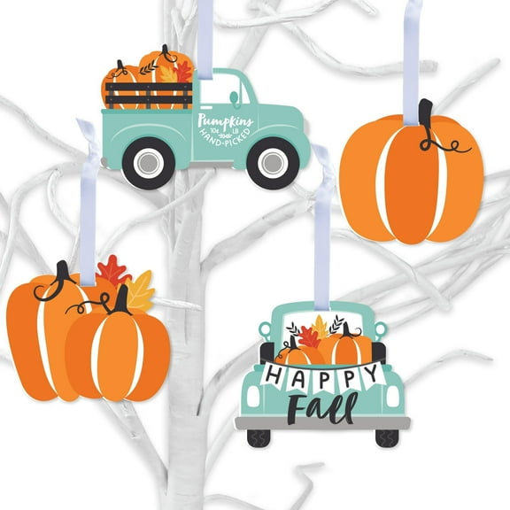 Big Dot of Happiness Happy Fall Truck - Harvest Pumpkin Decorations - Tree Ornaments - Set of 12