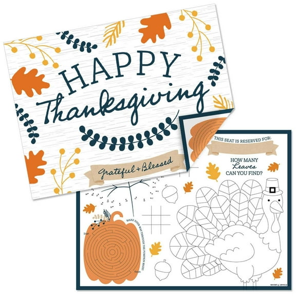 Big Dot of Happiness Happy Thanksgiving - Paper Fall Harvest Party Coloring Sheets - Activity Placemats - Set of 16