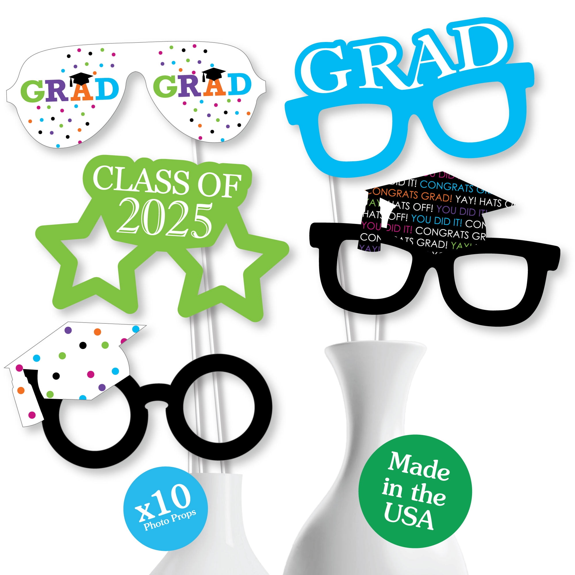 Big Dot of Happiness Hats Off Grad Glasses - 2025 Paper Card Stock Graduation Party Photo Booth Props Kit - 10 Count