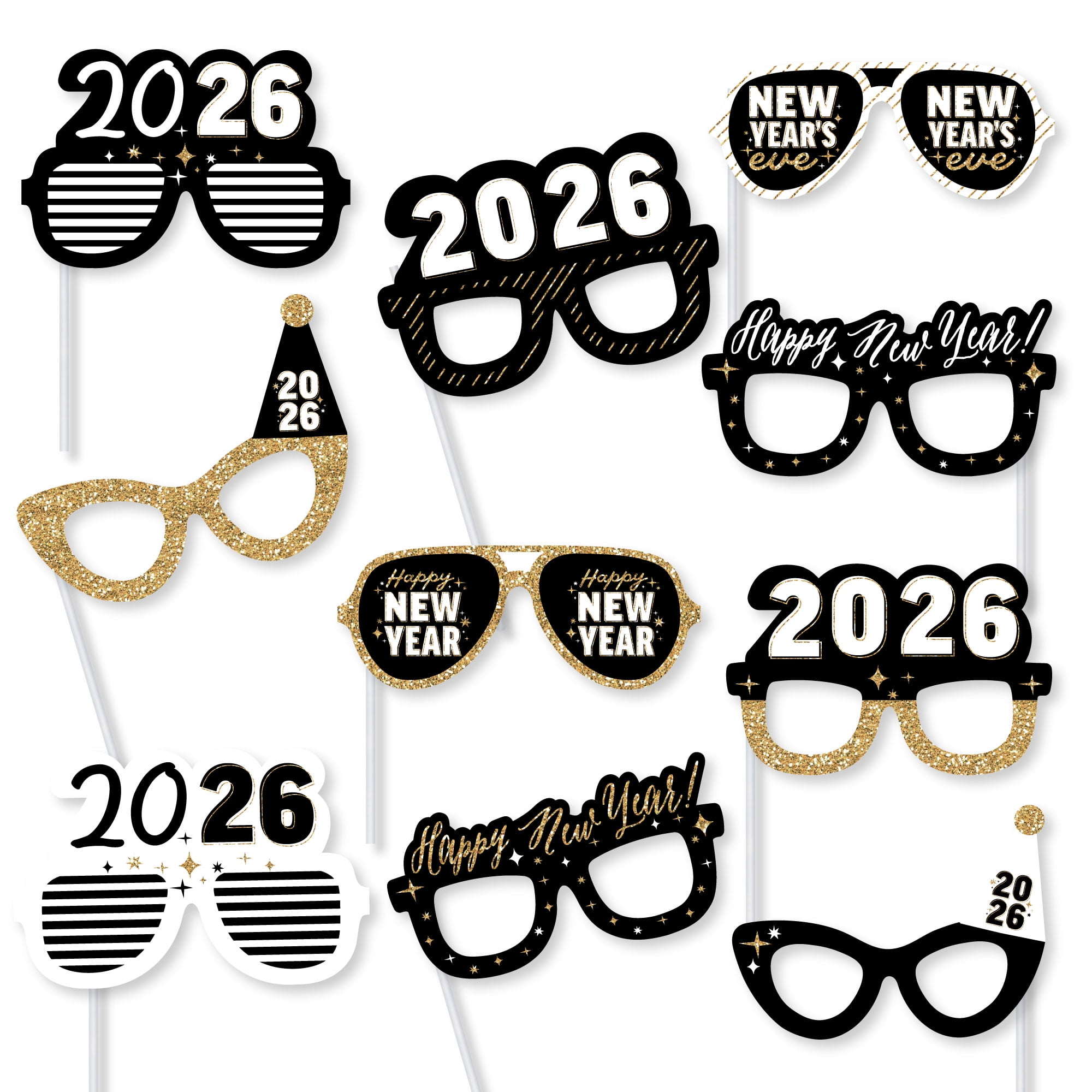 Big Dot of Happiness Hello New Year Glasses - Paper Card Stock 2026 NYE Party Photo Booth Props Kit - 10 Count