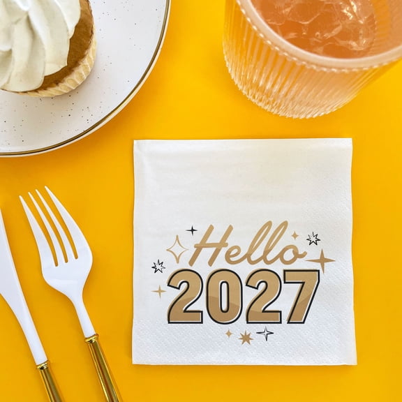Big Dot of Happiness Hello New Year Napkins, 2027 NYE Party Decor Black & Gold, White 3-Ply Paper Luncheon Dinner Napkins - 24 Count