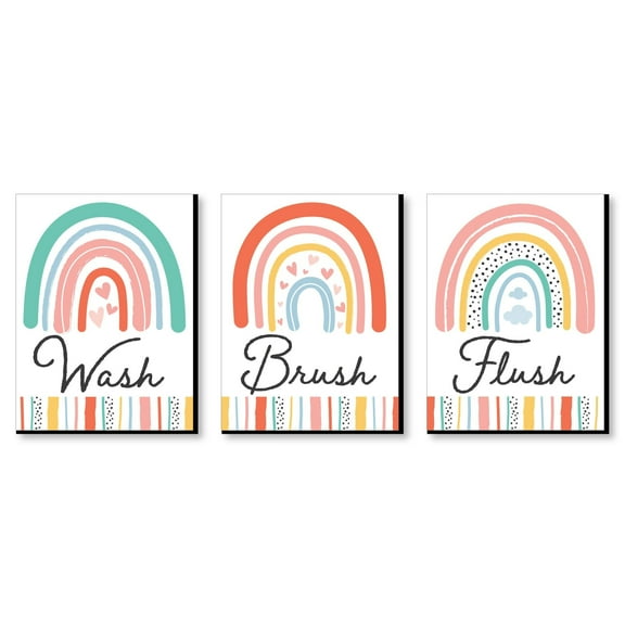 Big Dot of Happiness Hello Rainbow - Boho Kids Bathroom Rules Wall Art - 7.5 x 10 inches - Set of 3 Signs - Wash, Brush, Flush
