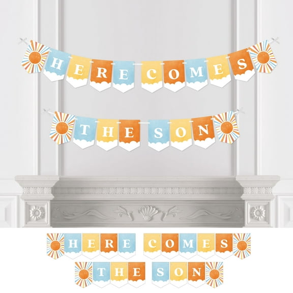 Big Dot of Happiness Here Comes The Son Banner, Boy Boho Baby Shower Bunting Wall Garland, Retro Sunshine Party Decorations