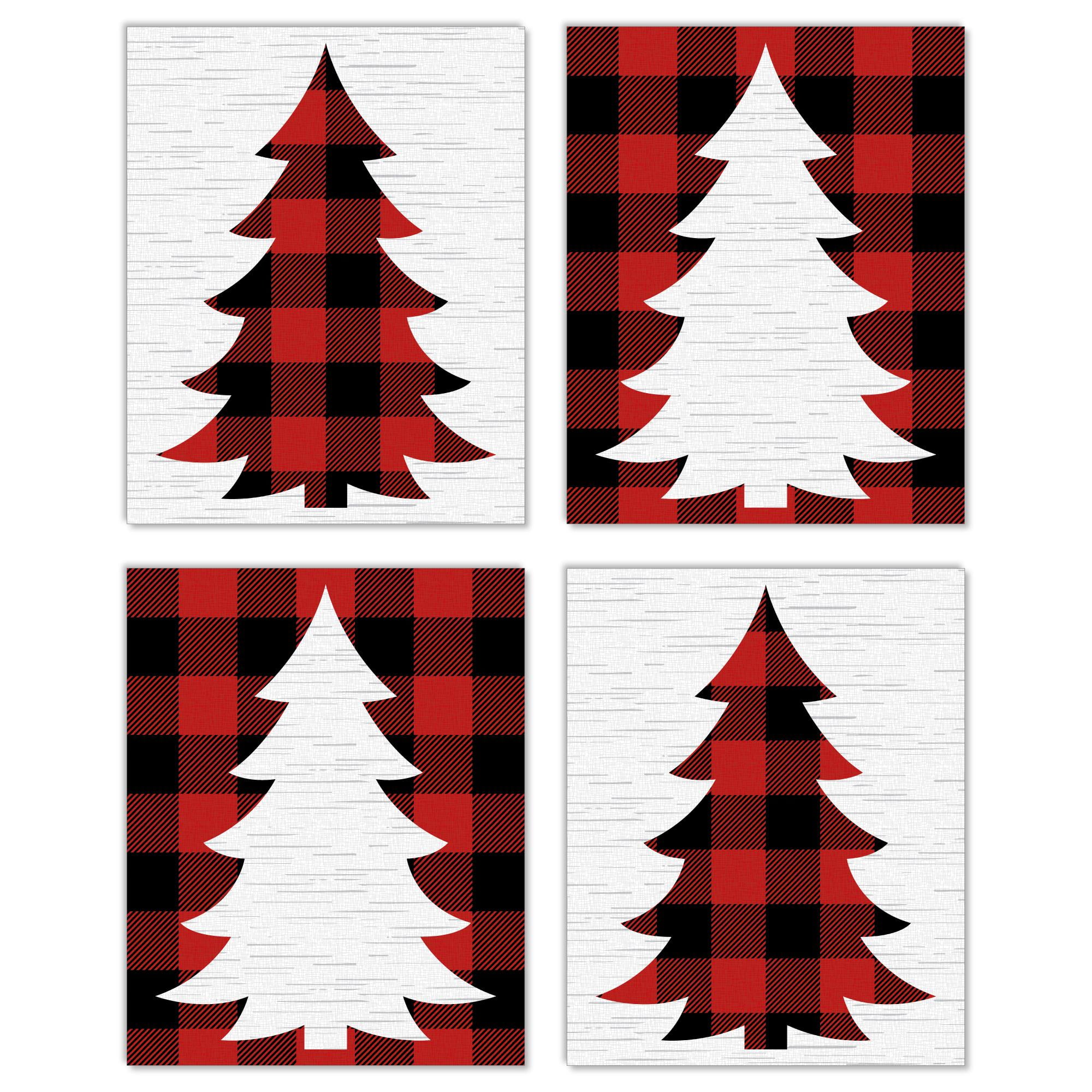 Holiday Plaid Trees Red and Black Linen Paper Wall Art Set