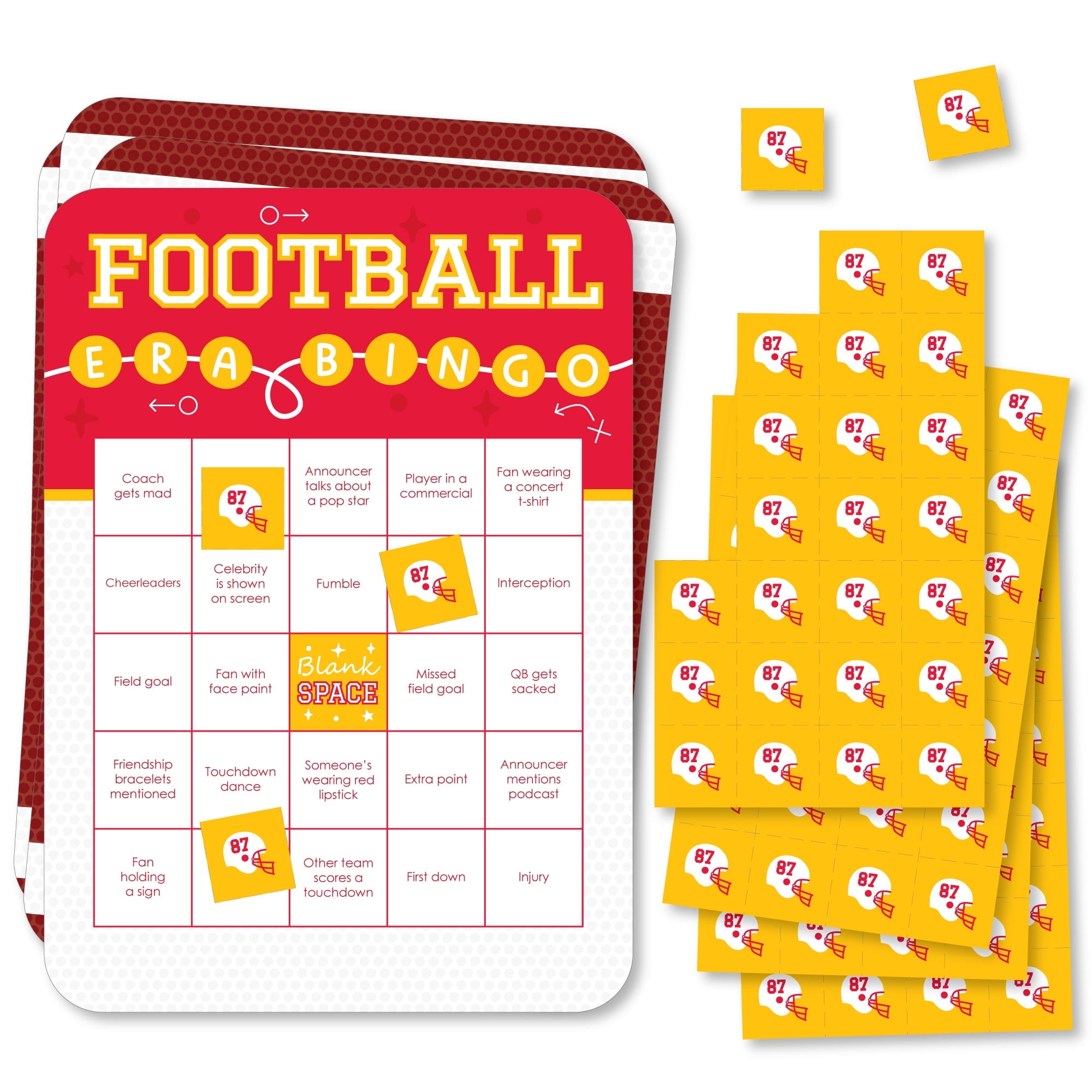 Big Dot of Happiness In My Football Era - Bingo Cards and Markers - Red and Gold Sports Party Bingo Game - Set of 18