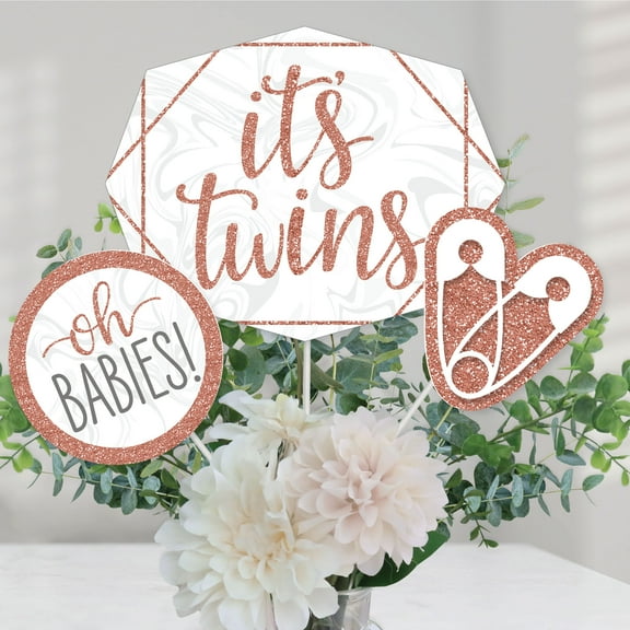 Big Dot of Happiness It's Twin Girls - Pink and Rose Gold Twins Baby Shower Centerpiece Sticks - Table Toppers - Set of 15