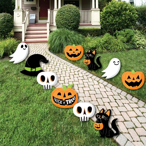 Big Dot of Happiness Jack-O'-Lantern Halloween - Black Cat Ghost Skull & Witch Hat Lawn Decor - Outdoor Kids Halloween Party Yard Decorations - 10 Pc