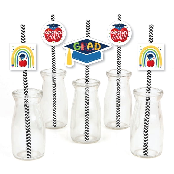 Big Dot of Happiness Kindergarten Grad - Paper Straw Decor - 4K Preschool Kids Graduation Party Striped Decorative Straws - Set of 24