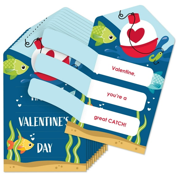 Big Dot of Happiness Let's Go Fishing - Fish Cards for Kids - Happy Valentine's Day Pull Tabs - Set of 12