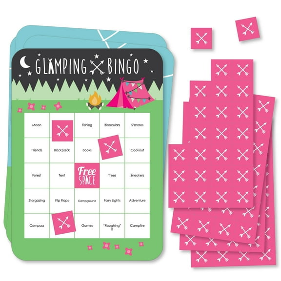 Big Dot of Happiness Lets Go Glamping - Bingo Cards and Markers - Camp Glamp Party or Birthday Party Bingo Game - Set of 18