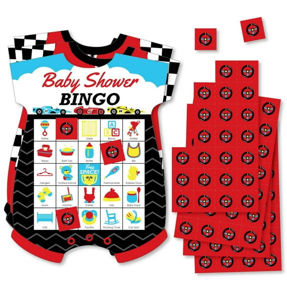 Big Dot of Happiness Let's Go Racing - Racecar - Picture Bingo Cards and Markers - Race Car Baby Shower Shaped Bingo Game - Set of 18