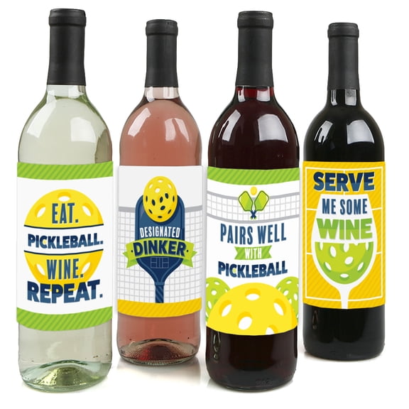 Big Dot of Happiness Let's Rally - Pickleball - Birthday or Retirement Party Decorations for Women and Men - Wine Bottle Label Stickers - Set of 4