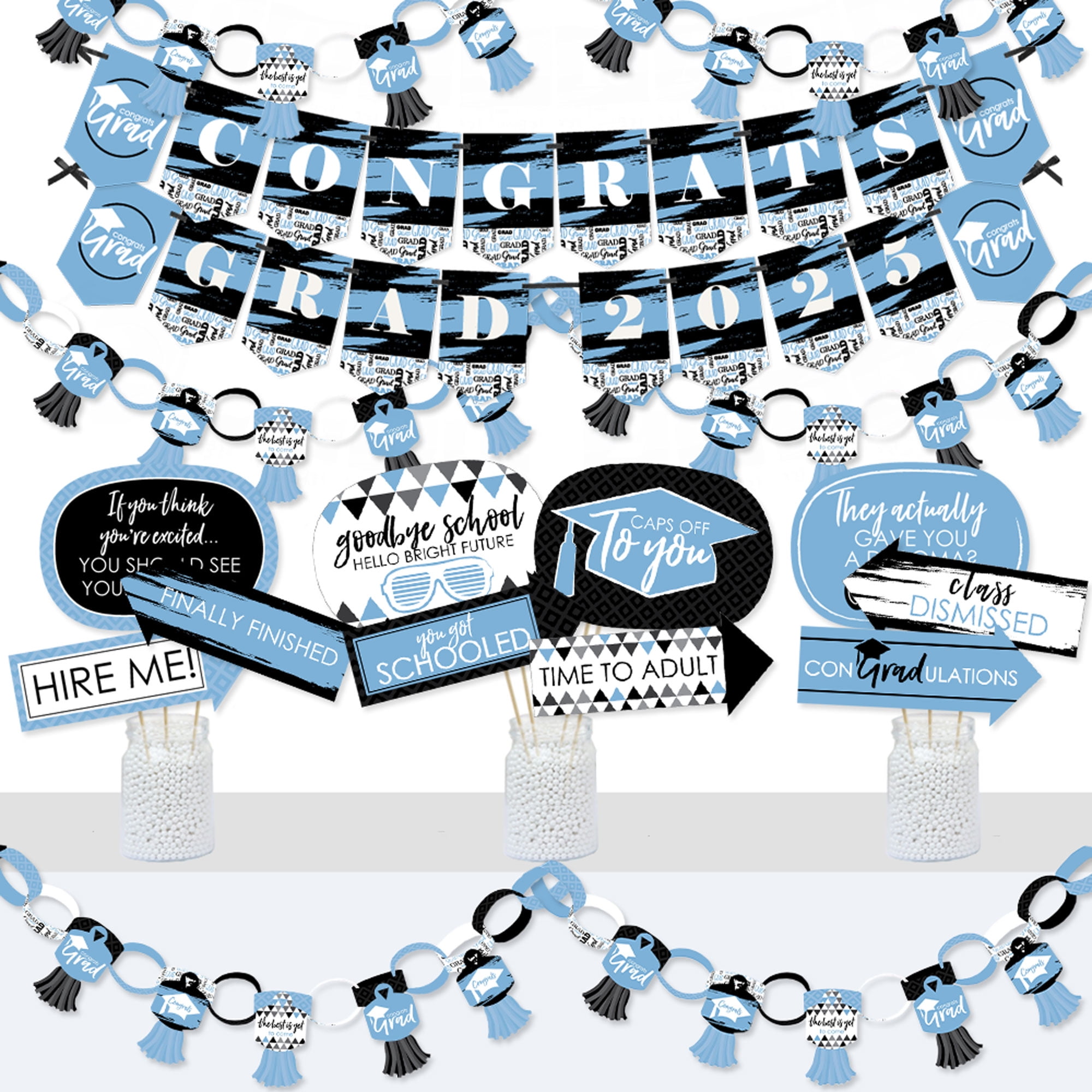 Light Blue and Black Graduation Party Decorating Kit with Photo Props