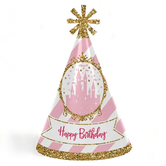 Big Dot of Happiness Little Princess Crown - Cone Pink and Gold Princess Happy Birthday Party Hats for Kids and Adults - Set of 8 (Standard Size)