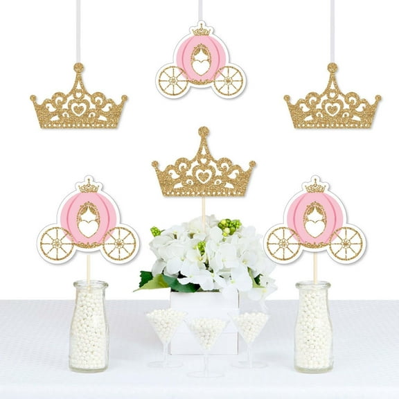 Big Dot of Happiness Little Princess Crown - Tiara & Carriage Decorations DIY Pink and Gold Baby Shower or Birthday Party Essentials - Set of 20