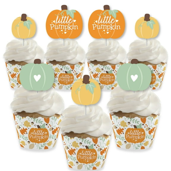 Big Dot of Happiness Little Pumpkin - Cupcake Decoration - Fall Birthday Party or Baby Shower Cupcake Wrappers and Treat Picks Kit - Set of 24