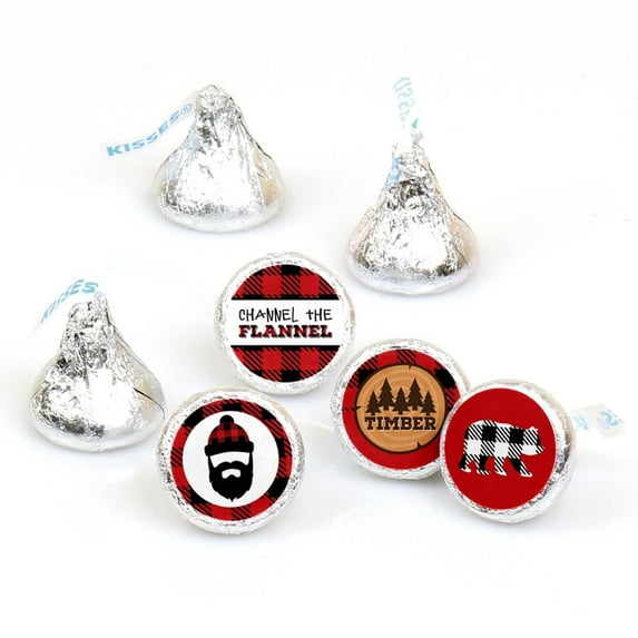 Big Dot of Happiness Lumberjack - Channel the Flannel - Buffalo Plaid Party Round Candy Sticker Favors - Labels Fits Chocolate Candy (1 Sheet of 108)