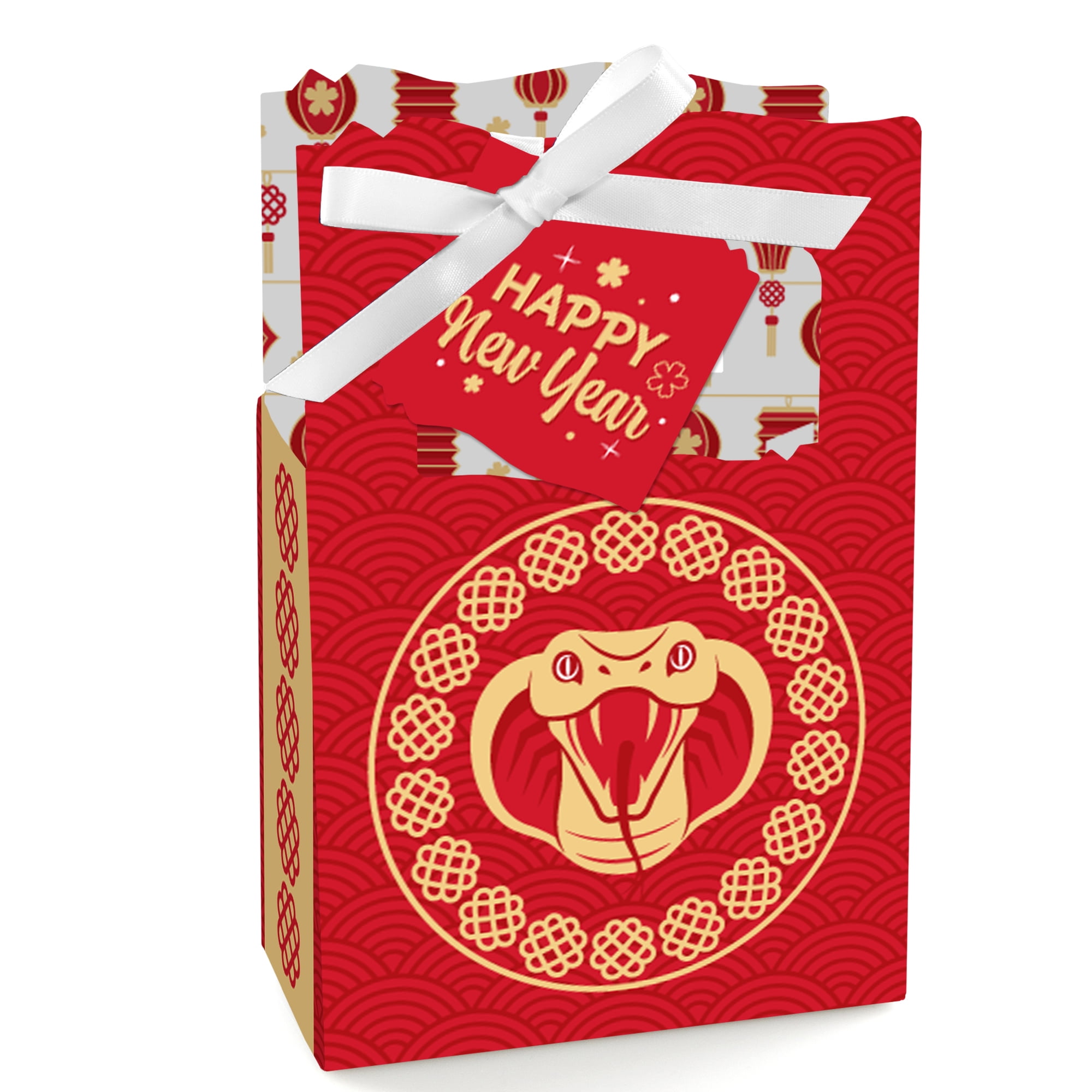 Red and Gold Snake Lunar New Year Favor Boxes with Satin Ribbon - Set of 12