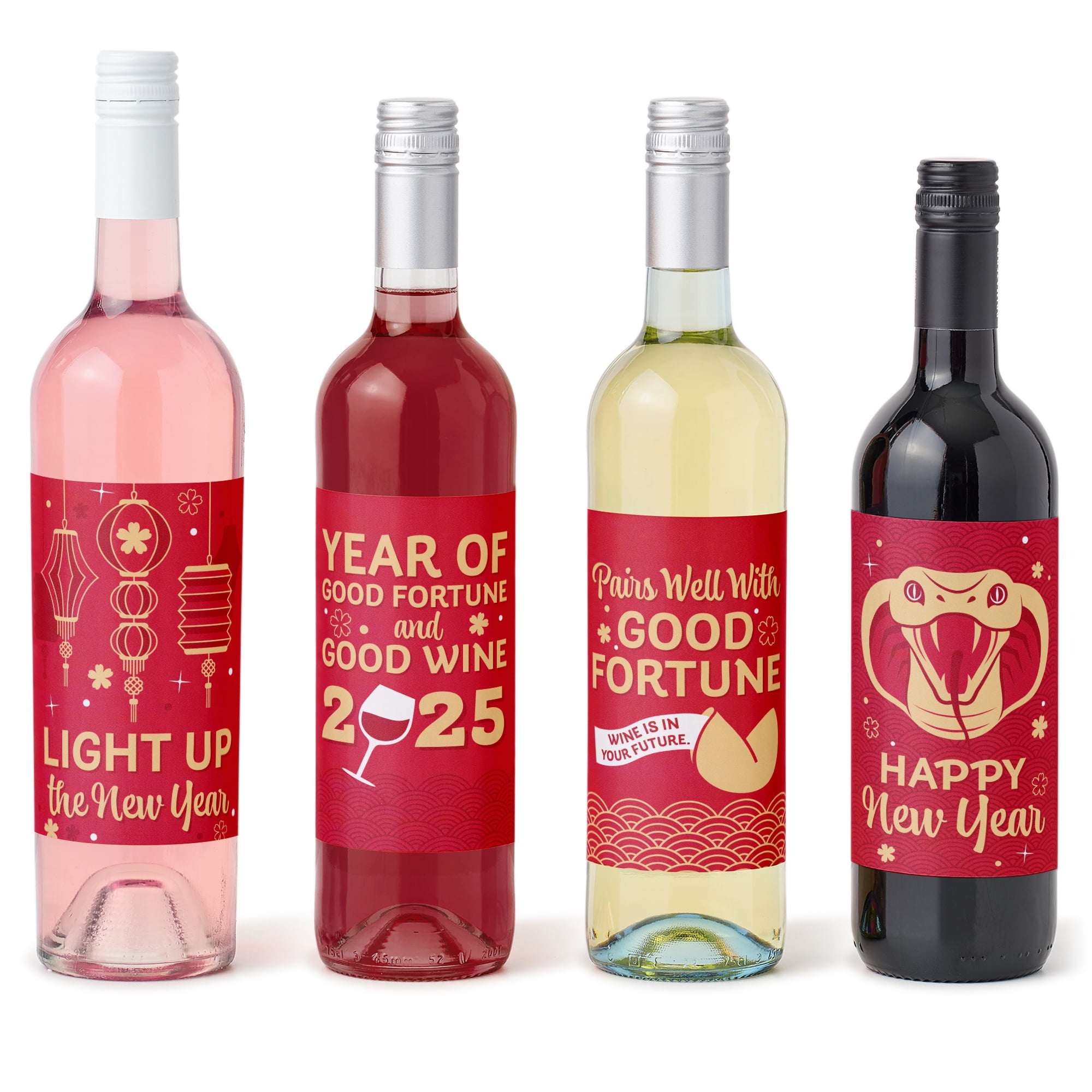 Big Dot of Happiness Lunar New Year - 2025 Year of the Snake Decorations for Women and Men - Wine Bottle Label Stickers - Set of 4