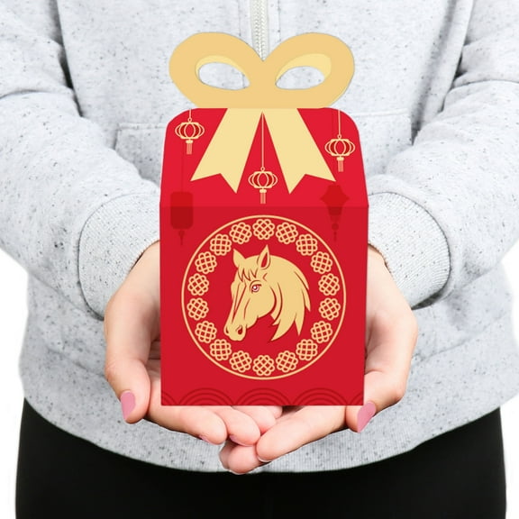 Big Dot of Happiness Lunar New Year - Square Favor Gift Boxes - 2026 Year of the Horse Bow Boxes - Set of 12