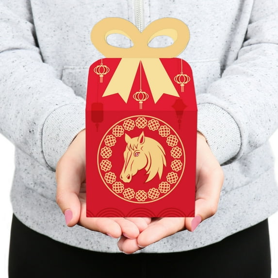 Big Dot of Happiness Lunar New Year - Square Favor Gift Boxes - 2026 Year of the Horse Bow Boxes - Set of 12
