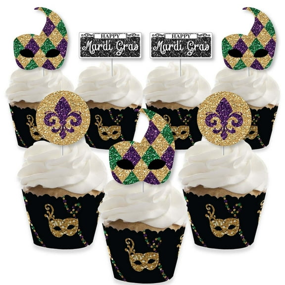 Big Dot of Happiness Mardi Gras - Cupcake Decoration - Masquerade Party Cupcake Wrappers and Treat Picks Kit - Set of 24