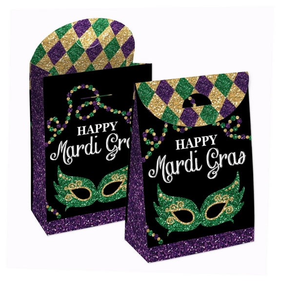 Big Dot of Happiness Mardi Gras - Masquerade Gift Favor Bags - Party Goodie Boxes - Set of 12