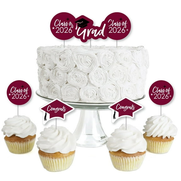 Big Dot of Happiness Maroon 2026 Graduation Party - Dessert Cupcake Toppers - Clear Treat Picks - Set of 24