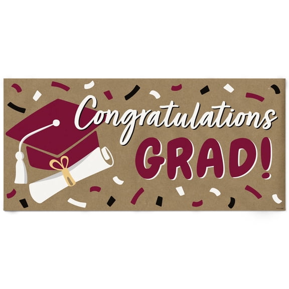 Big Dot of Happiness Maroon Graduation Kraft Paper Banner, Congratulations Grad Printed Brown Paper Party Sign Decoration 1 Count