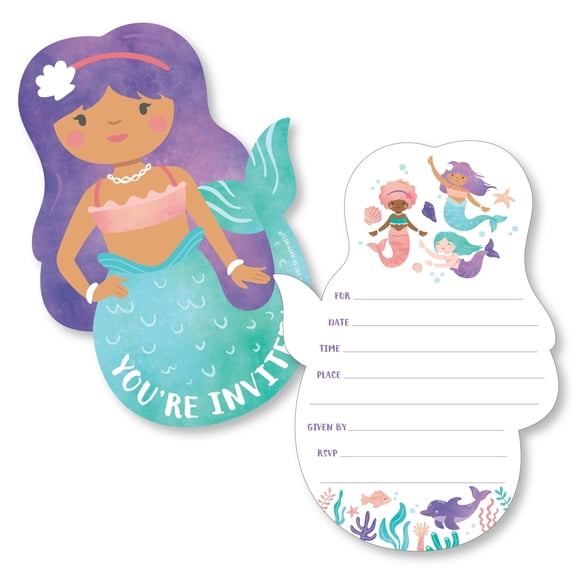 Big Dot of Happiness Mermaid Birthday Invitations, You're Invited Mermaid-Shaped Party Fill-In Invitation Cards with Envelopes, Set of 12