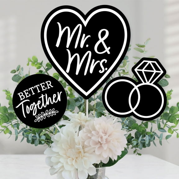 Big Dot of Happiness Mr. and Mrs. - Black and White Wedding or Bridal Shower Centerpiece Sticks - Table Toppers - Set of 15