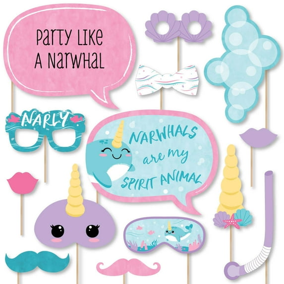 Big Dot of Happiness Narwhal Girl - Under The Sea Baby Shower or Birthday Party Photo Booth Props Kit - 20 Count