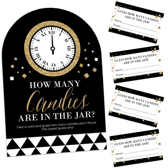 Big Dot of Happiness New Years Eve - Gold - How Many Candies New Years Eve Party Game - 1 Stand and 40 Cards - Candy Guessing Game