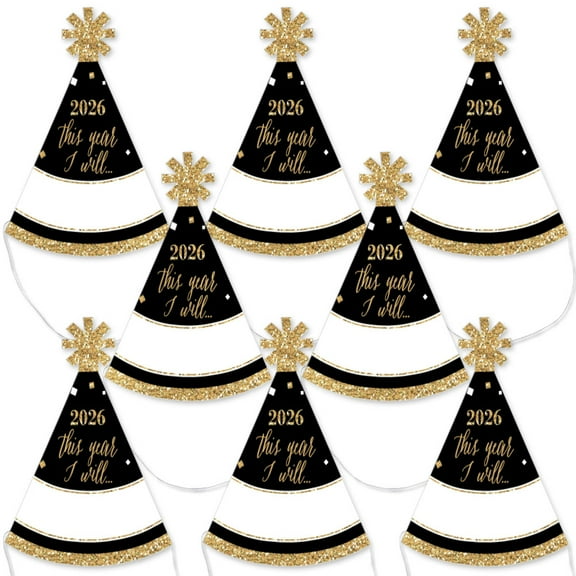 Big Dot of Happiness New Year's Eve - Gold - Mini Cone 2026 New Years Eve Resolution Party Hats - Small Little Party Hats - Set of 8