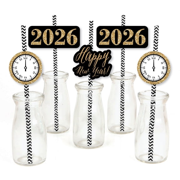 Big Dot of Happiness New Year's Eve - Gold Paper Straw Decor - 2026 New Years Eve Party Striped Decorative Straws - Set of 24