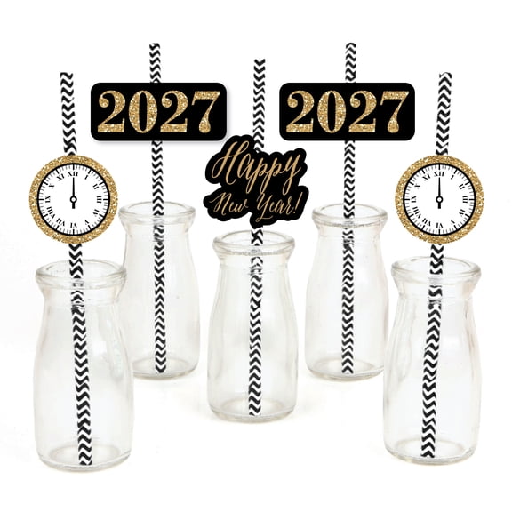 Big Dot of Happiness New Year's Eve - Gold Paper Straw Decor - 2027 New Years Eve Party Striped Decorative Straws - Set of 24