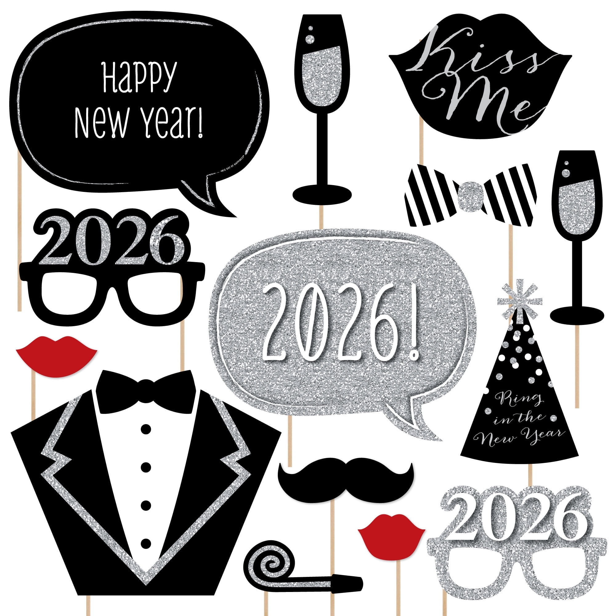 Big Dot of Happiness New Years Eve Party - Silver - 2026 New Year Party Photo Booth Props Kit - Party Decorations - 20 Count
