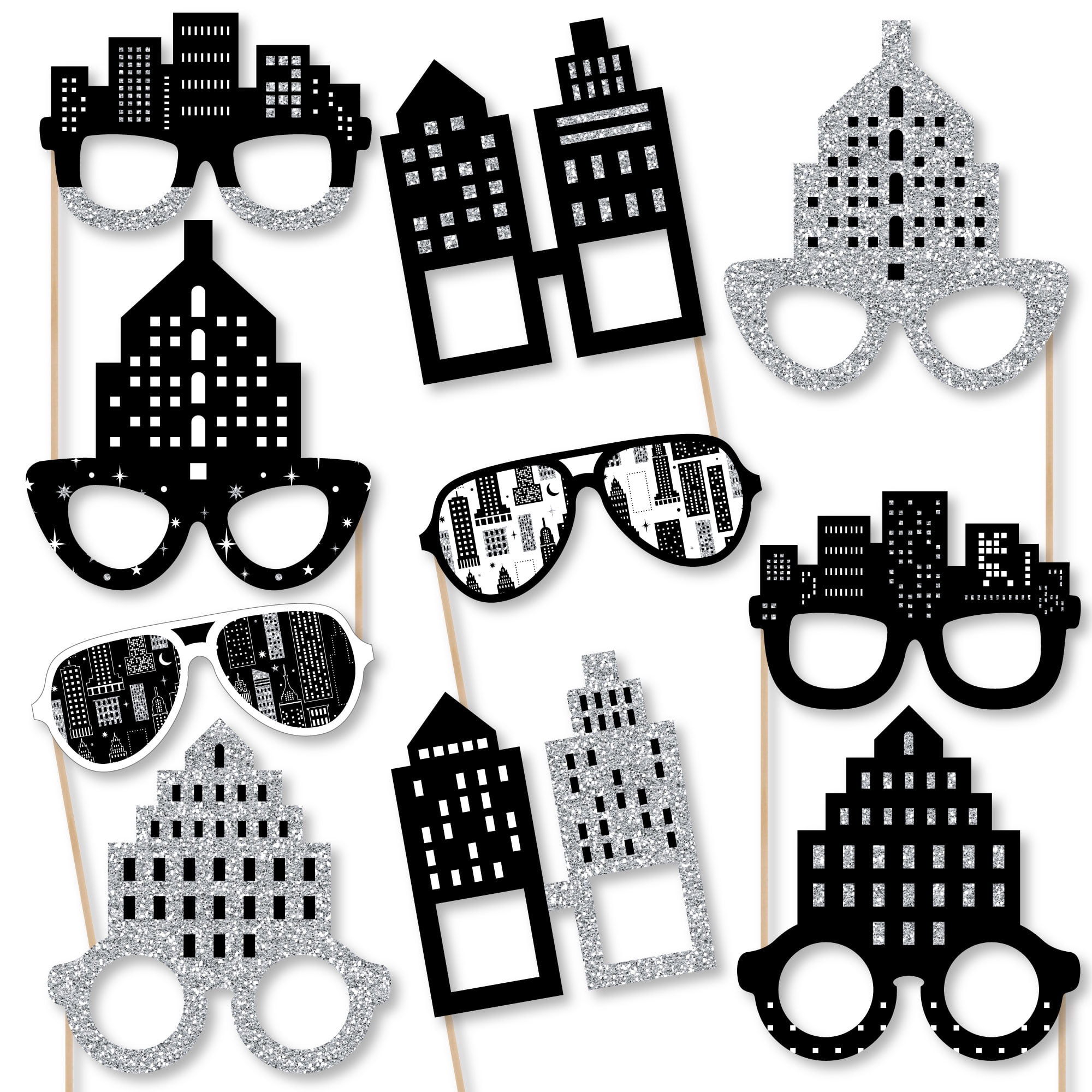 Big Dot of Happiness Nighttime City Skyline Glasses - Paper Card Stock New York Party Photo Booth Props Kit - 10 Count
