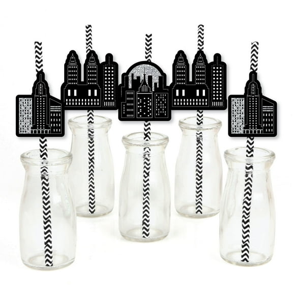 Big Dot of Happiness Nighttime City Skyline - Paper Straw Decor - New York Party Striped Decorative Straws - Set of 24