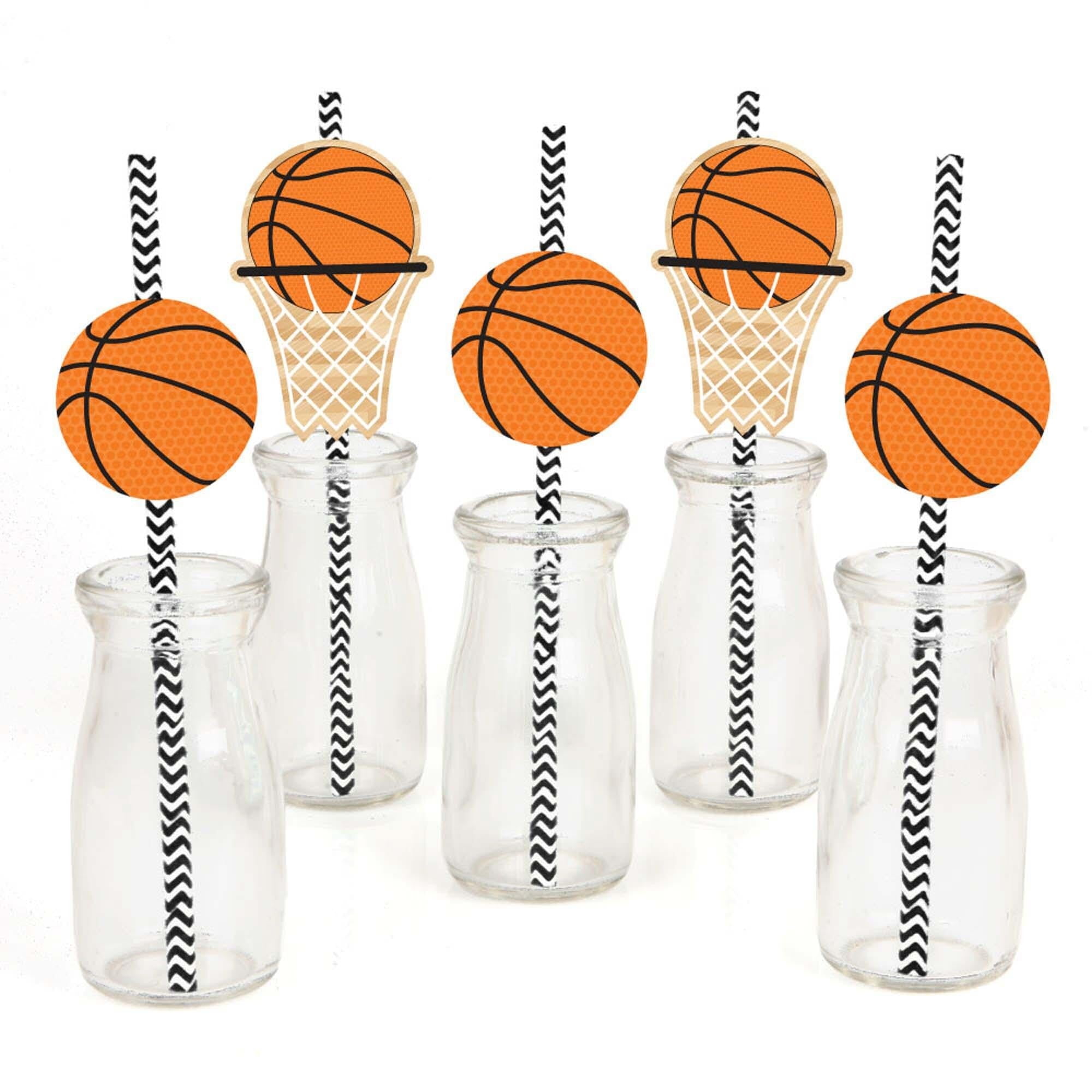 Big Dot of Happiness Nothin' but Net - Basketball Paper Straw Decor - Baby Shower or Birthday Party Decorative Straws - Set of 24