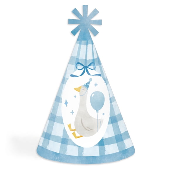 Big Dot of Happiness One Silly Goose Blue Cone Party Hats, Boy 1st Birthday Party Decorations, Kids Birthday Hats - Set of 8