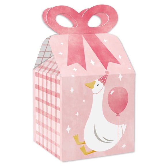 Big Dot of Happiness One Silly Goose Pink Bow Boxes, Girl 1st Birthday Party Decorations, Goose Favor Square Gift Bags - Set of 12