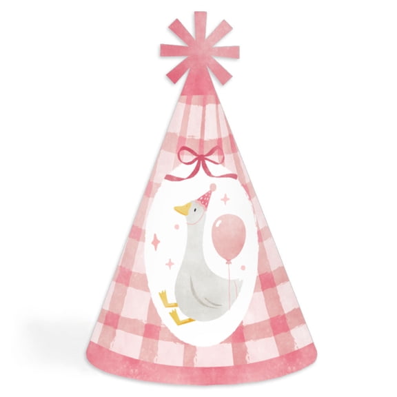Big Dot of Happiness One Silly Goose Pink Cone Party Hats, Girl 1st Birthday Party Decorations, Kids Birthday Hats - Set of 8