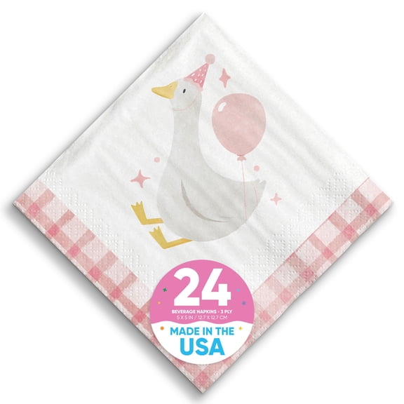 Big Dot of Happiness One Silly Goose Pink Napkins, Girl 1st Birthday Party Decor, White 3-Ply Paper Beverage Cocktail Napkins - 24 Count