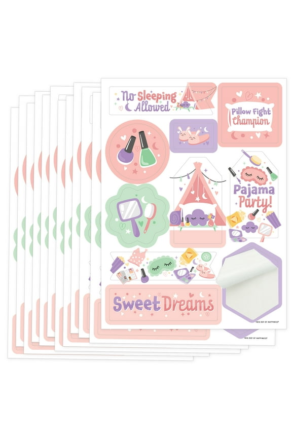 Pajama Slumber Party - Girls Sleepover Birthday Party Favor Sticker Set - 12 Sheets - 120 Stickers