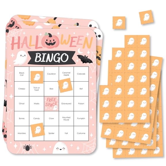 Big Dot of Happiness Pastel Halloween - Bingo Cards and Markers - Pink Pumpkin Party Bingo Game - Set of 18